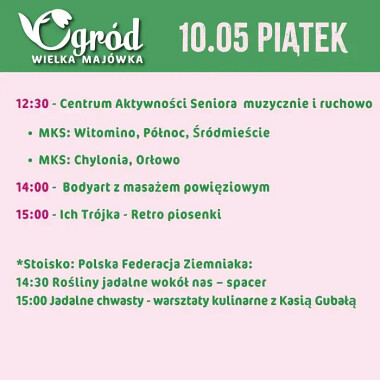 Piątek, 10 maja 2024 - program - Ogród & Wielka Majówka Gdynia - wstęp bezpłatny