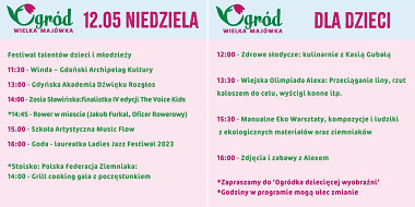 Niedziela 12 maja 2024 - program Ogród & Wielka Majówka Gdynia - wstęp biletowany