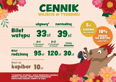 Ceny biletów wstępu do Mini zoo & Bistro Papugarnia Gdańsk - wejście w tygodniu