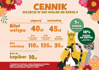 Cennik biletów Wstęp do Mini zoo & Bistro Papugarnia Gdańsk - ceny biletów - wejście w dni wolne od szkoły