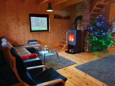 Mana Village Barłomino - salon z kominkiem i TV SAT w domku do wynajęcia na Kaszubach
