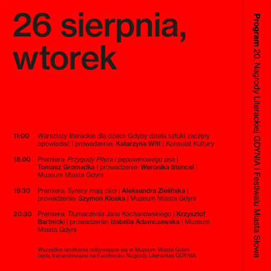 Nagroda Literacka Gdynia - program wtorek - 26 sierpnia 2025