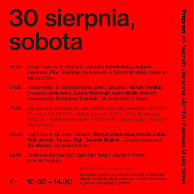 Nagroda Literacka Gdynia - program sobota - 30 sierpnia 2025 - 2/2