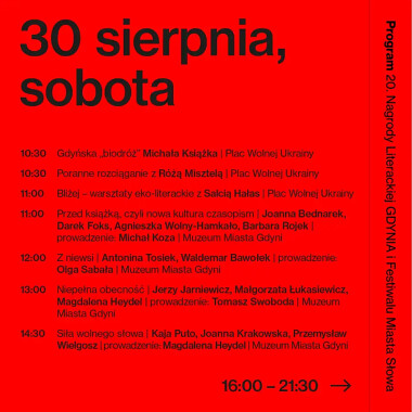 Nagroda Literacka Gdynia - program sobota - 30 sierpnia 2025 - 1/2