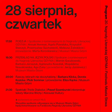 Nagroda Literacka Gdynia - program czwartek - 28 sierpnia 2025