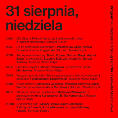 Nagroda Literacka Gdynia - program niedziela - 31 sierpnia 2025