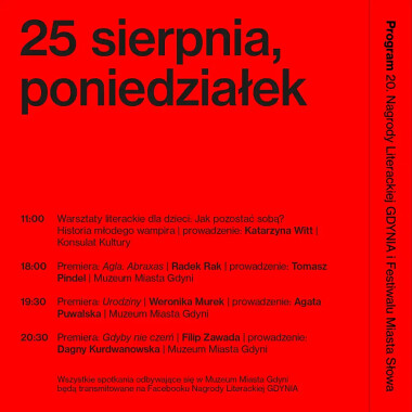 Nagroda Literacka Gdynia - program poniedziałek - 25 sierpnia 2025