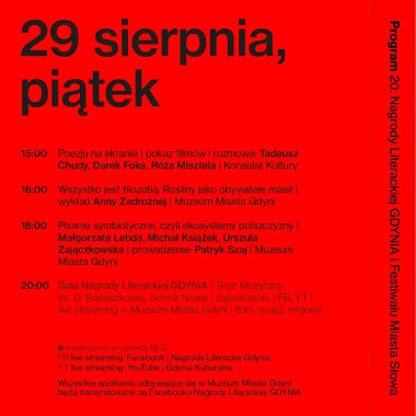 Nagroda Literacka Gdynia - program piątek - 29 sierpnia 2025