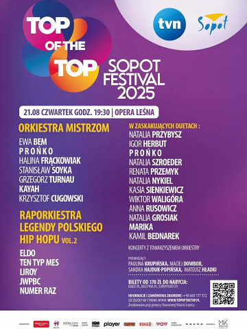 Czwartek 21 sierpnia 2025 -   artyści, którzy wystąpią podczas Top of The Top Festival Sopot