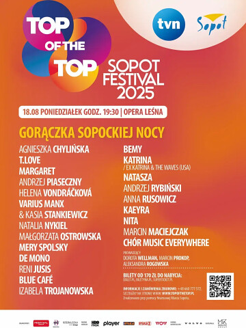 Poniedziałek 18 sierpnia 2025 -  artyści, którzy wystąpią podczas Top of The Top Festival Sopot