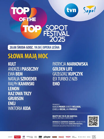 Środa 20 sierpnia 2025 -  artyści, którzy wystąpią podczas Top of The Top Festival Sopot