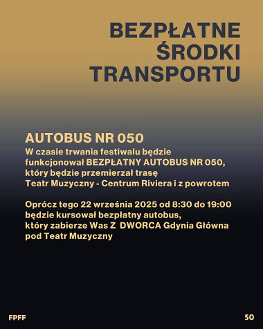 Bezpłatny autobus linia nr 050 - Festiwal Filmów Fabularnych 2025 w Gdyni
