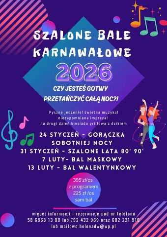 Bale Karnawałowe 2026 Kaszuby - Wdzydze - zaprasza DW Helena