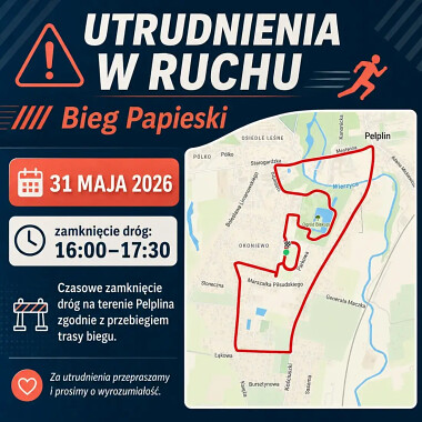 Utrudnienia w ruchu - plan trasy Biegu Papieskiego i zamknięte ulice w Pelplinie 31 maja 2026