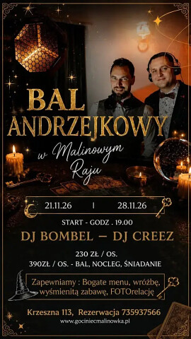 Bal Andrzejkowy 2026 na Kaszubach - zaprasza Malinowy Raj w Krzesznej - okolice Szymbarka i Wieżycy